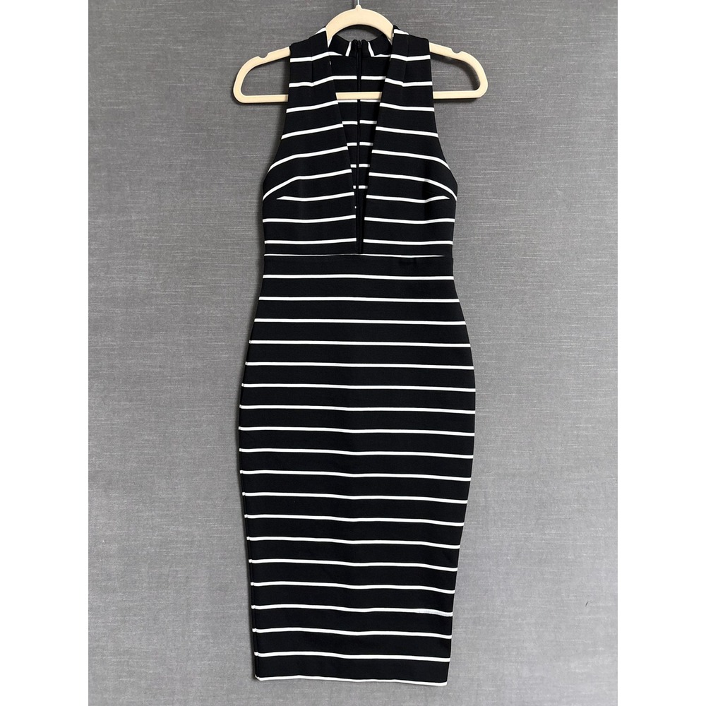 Bec Bridge Dress 6 Black Striped Plunge Neck Midi Bodycon Sexy Stretch Pencil